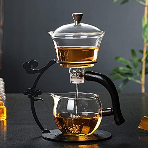 RORA Lazy Kungfu Glass Tea Set Semi Automatic Drip Rotating with Infuser Glass Teapot Set (6 cups)