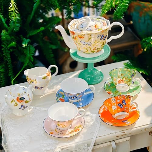 Fine Bone China Tea Sets For Adults Porcelain Tea Set European Wedding Floral Teapot Cup Saucer Spoon for Women Gift (11 Count)