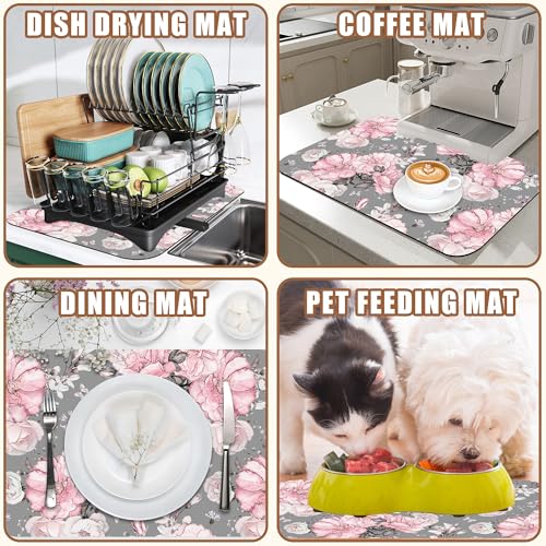 Pink Flowers and Leaves Coffee Mat Absorbent Dish Drying Mat for Kitchen Counter Hide Stain Rubber Backed Coffee Bar Accessories Fit Under Espresso Machine Dish Drainer