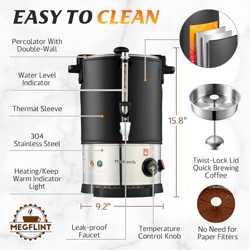 50 Cup Commercial Coffee Urn Stainless Steel Double Insulated Coffee Maker with Percolator System & Temp Control Function