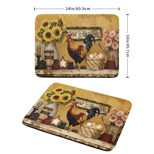 Farmhouse Rooster Dish Drying Mat Vintage Chicken Sunflowers Dish Drainer Mats 18"x24" Rustic Primitive Microfiber Reversible Dish Drying Rack Pad Protector for Kitchen Countertop Decor