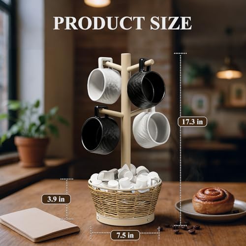 Wood Mug Holder Tree with Woven Basket