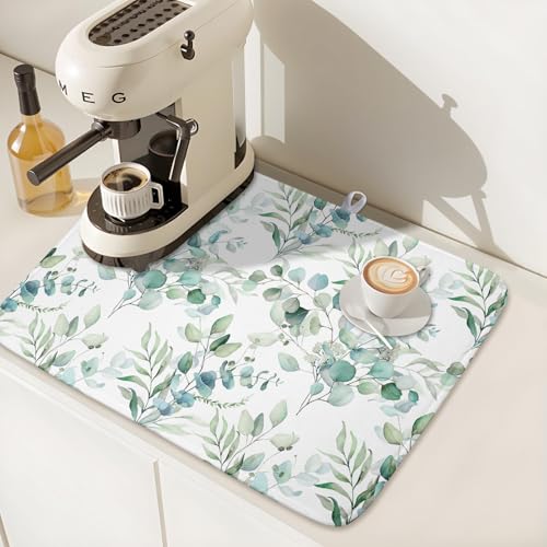Sage Green Leaves Dish Drying Mats for Kitchen Counter 18x24 Inch