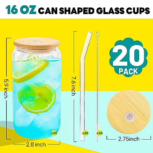 20pcs 16Oz Glass Cups with Bamboo Lids and Straws Drinking Glasses (20 Count)