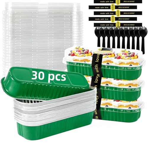 30 Pack 6.8oz Christmas Green Disposable Rectangular Aluminum Foil Mini Loaf Pans with Lids (30 Count)