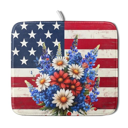4th of July Patriotic Flower Dish Drying Mat for Kitchen Counter