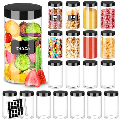 Plastic Jars with Lids 20Pcs 14 oz Clear Plastic Slime Storage Jars Containers with Airtight Leak Proof Black Plastic Screw On Lids Cylinder Clear Round Jar Food Grade Durable PET Jar (20 Count)