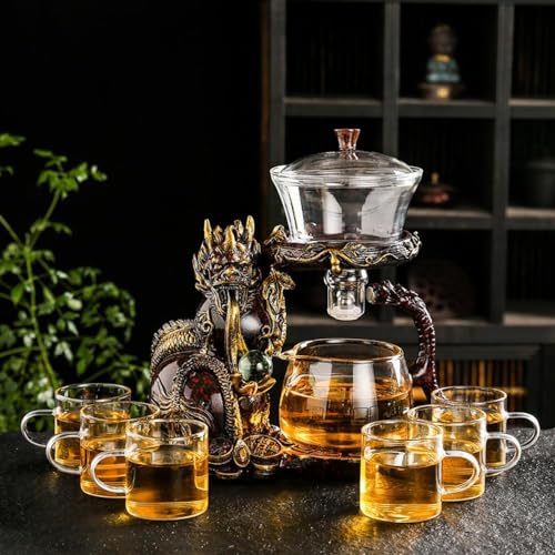 Glass Teapot Set with Infuser Semi Automatic Dragon Tea Set with 6 Small Cups