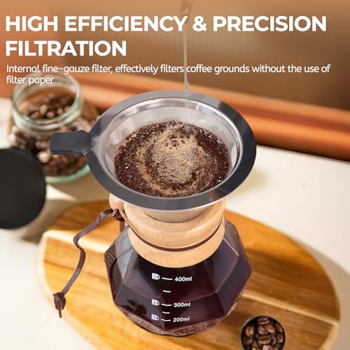Pour Over Coffee Maker 400ml with 304 Stainless Steel Filter Wooden Collar Holder Borosilicate Glass Drip Coffeemaker Server Set Clear Hand Brew Dripper Carafe for Home Camping Travel 13.5oz