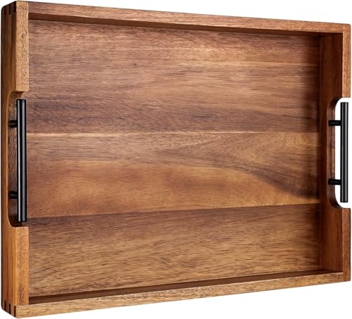 Acacia Wood Ottoman Tray with Handles 16.7" x 12.8"