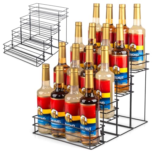 16 Bottle Capacity Coffee Syrup Organizer 4 Tier Coffee Syrup Stand Shelf for Coffee Bar Accessories for Coffee Bar Kitchen Small Wine Rack for Bar Family Storage for Syrup Wine Dressing (16 Count)