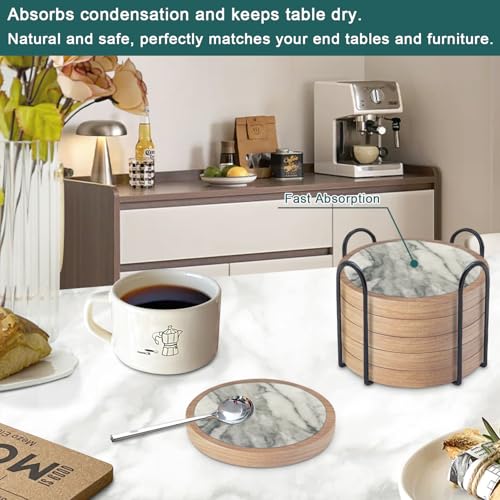 6 Pack Absorbent Coasters Set with Holder Wood Coasters for Drinks Housewarming Gifts for Home Decoration Cup Coasters for Coffee Tabletop Protection 4.3 Inch