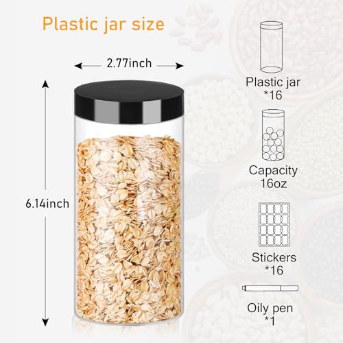 Plastic Jars with Lids 16OZ 16PCS Small Empty Slime Cosmetics Containers Clear Gift Food Jars Round PET Cream Jars with Black Lids Pen Labels for Kitchen Storage Spices Dry Food Butter (16 Count)