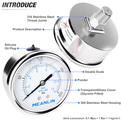 0~200Psi Liquid Filled Pressure Gauge Stainless Steel with 316 Stainless Steel Joint 1