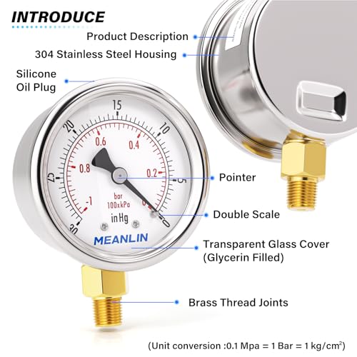30inHG~0Psi Vacuum Gauge Stainless Steel 1