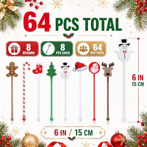 64 Pcs Christmas Swizzle Sticks Plastic Drink Stirrers (64 Count)