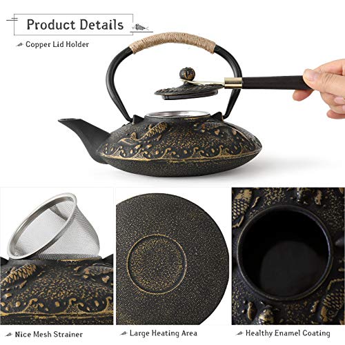 Koi Fish Cast Iron Teapot Set Stove Top 26 oz Tea Kettle with 4 Cups