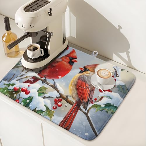 Winter Cardinal Birds Dish Drying Mat