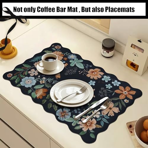 Scalloped Bohemian Coffee Bar Mat Dish Drying Mats for Kitchen Counter