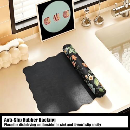 Scalloped Bohemian Coffee Bar Mat Dish Drying Mats for Kitchen Counter