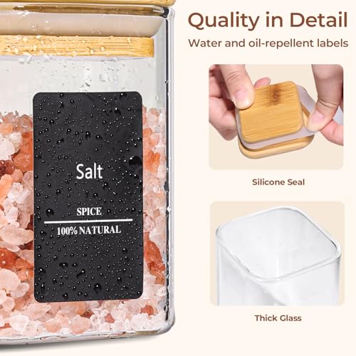 Glass Spice Jars with Labels 10 oz 6 Pack Large Square Bamboo Lids (6 Count)