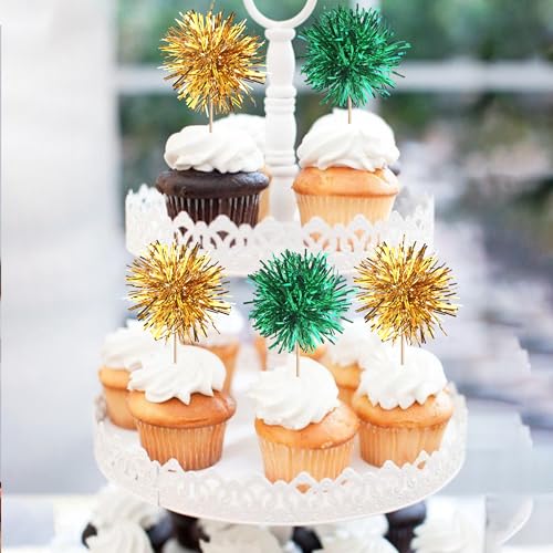40 PCS Foil Firework Cupcake Toppers Fireworks Cupcake Picks Sparkle Tinsel Cake Decorations Cocktail Fruit Toothpick for Firework Theme Birthday Wedding Graduation Party Decor Supplies Gold Green (40 Count)