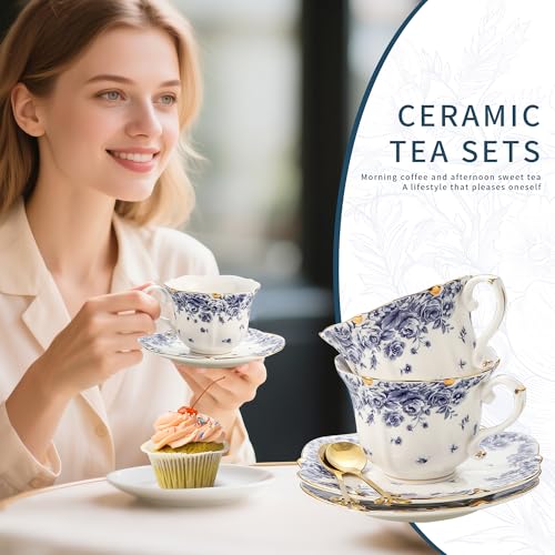 Country Roses Bone China Tea Cup and Saucer Set (6 Count)