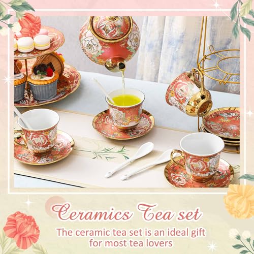 21 Pcs Porcelain Tea Set for Women Tea Party with Metal Holder and 3 Tier Cake Stand Ceramic European Floral Teapot Set for Adults Mother's Day Christmas Thoughtful Gift