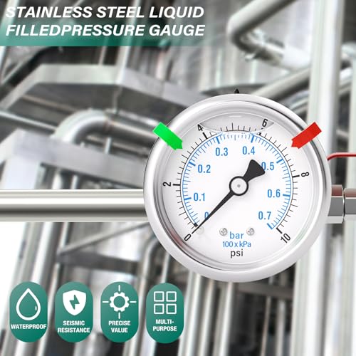 0 10PSI Stainless Steel Liquid Filled Pressure Gauge