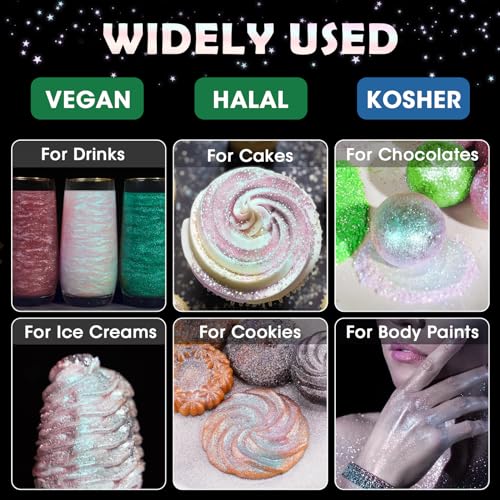 Edible Food Grade Glitter Powder Glimmer Luster Dust Metallic Fancy Food Decorating Sprinkle Glimmery Dust for Drink Wine Beverage Cake Bakery Vegan Allergen