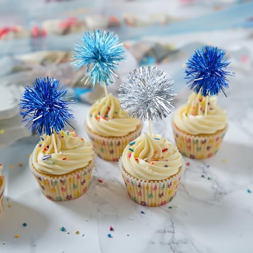 30Pcs Foil Firework Cupcake Toppers Sparkle Tinsel Cake Toppers Tinsel Drink Cake Decoration Cocktail Picks for Birthday Wedding Graduation Party Supplies Blue Silver (30 Count)