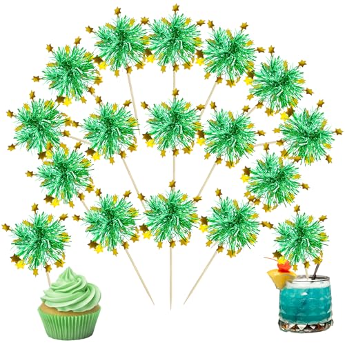 30Pcs Foil Firework Cupcake Toppers Happy Birthday Cake Toppers Tinsel Flower Drink Stirrers Cocktail Food Fruit Toothpicks for Valentine's Day Party Decorations Green (30 Count)