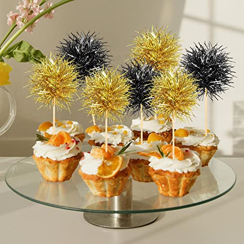 100 Pcs Foil Firework Cupcake Toppers Black and Gold Sparkle Tinsel Cake Toppers New Year Cake Decoration Cocktail Fruit Toothpick for Birthday Wedding Graduation Party