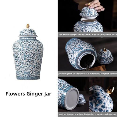 12inches flower Ginger Jar with Lid Chinese Decorative blue Ceramic
