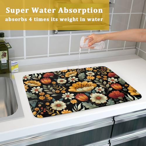 Vintage Boho Floral Dish Drying Mat for Kitchen Counter
