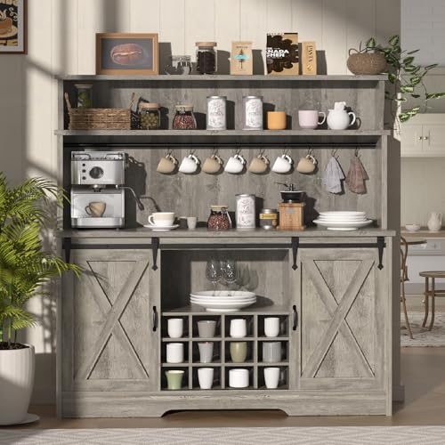 55'' Farmhouse Coffee Bar Cabinet with 3 Tier Storage Hutch