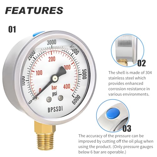 0 6000 Psi Glycerin Liquid Filled Hydraulic High Pressure Gauge