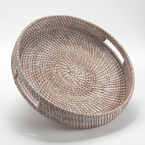 Coffee Table Tray Round Rattan Ottoman Tray Woven Serving Trays with Handles for Home and Kitchen Decorative White