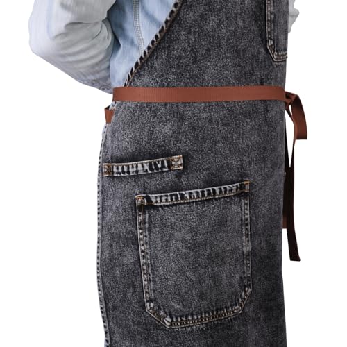 Black Denim Grill Apron with Pockets & Towel Loop for Men Women