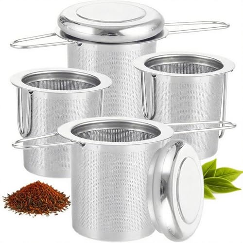 4 PCS Tea Strainer with Lid 304 Stainless Steel Tea Infuser Basket for Loose Tea Extra Fine Mesh Tea Diffuser Long Handle Tea Strainers Filters for Hanging on Teapots Mugs Cups (4 Count)
