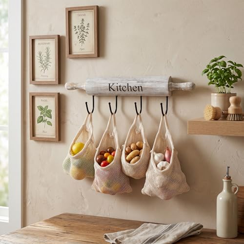 White Washed Wood Kitchen Utensil Rack with 4 Hooks