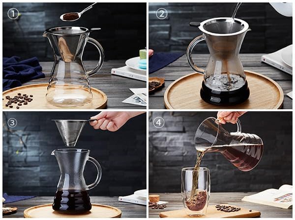 Unbreakable - Pour Over Coffee Maker with Permanent Stainless Filter 32 fl oz, Thickened Heat-Resistant Borosilicate Glass Dripper Coffee Brewer, Stovetop Safe, Pink - Blissbrew