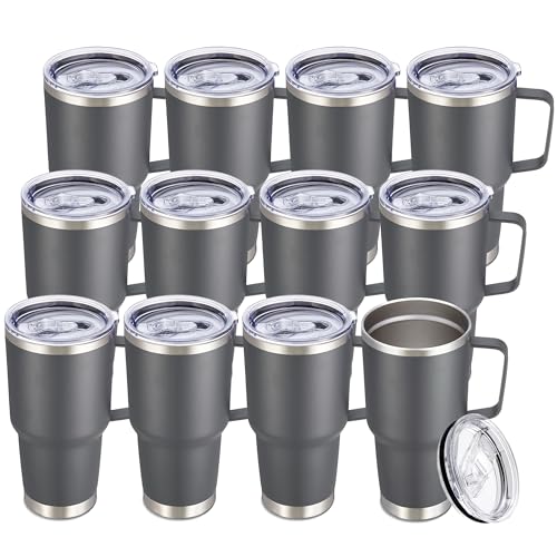 30 oz Stainless Steel Tumblers Bulk with Handle and Lid (12 Count)