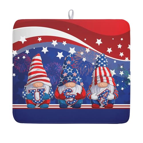 4th of July Dish Drying Mat 16x18 Inch Spring Summer Patrioti Gnome Memorial Kitchen Mats Independece Day Absorbent Dishes Pad for Kitchen Counter Usa Stars Drying Mat Home Decor Countertops