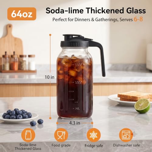 64oz(2 quart) Mason Jar Pitcher, Glass Pitcher with Lid for Cold Brew