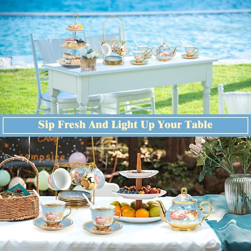 20 Pcs Porcelain Tea Set with Metal Holder (20 Count)