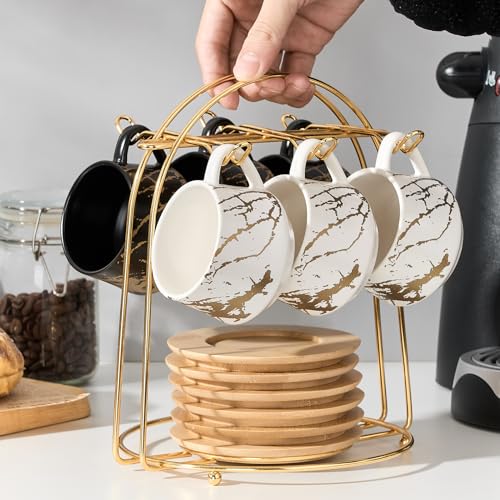 Ceramic Espresso Cups with Saucers and Metal Stand (7.6 Count)