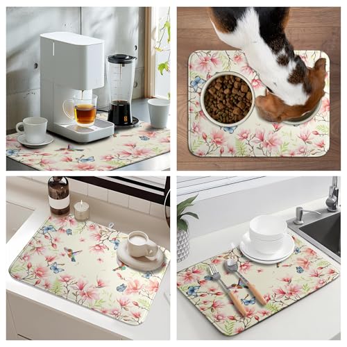 Spring Flowers Floral Dish Drying Mats Spring Summer Hummingbird Dish Mat Drying Matt Butterfly Dishes Dryer Pad for Kitchen Counter Absorbent Microfiber Washable Foldable Reusable 18x24 in