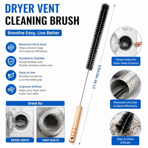 Dryer Lint Brush Vent Cleaner Lint Trap Cleaning Tool Dryer Vent Brush Long Flexible with Wood Handle 27.95Inches Medium Size for Dryer Vent Cleaning DIY Enthusiasts Homeowners