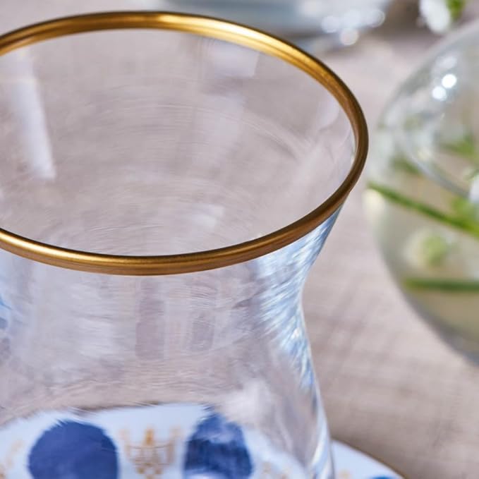 KARACA Belem Turkish Tea Glasses Set, 12-Piece Tea Set for 6 People, Tea Glasses with Gold Rim and Navy Blue Accents